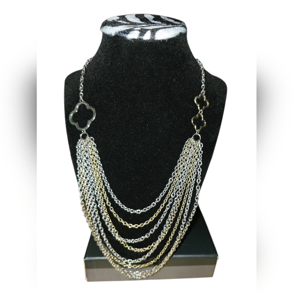 Silver and Gold Tone Clover Multi-Layered Necklace